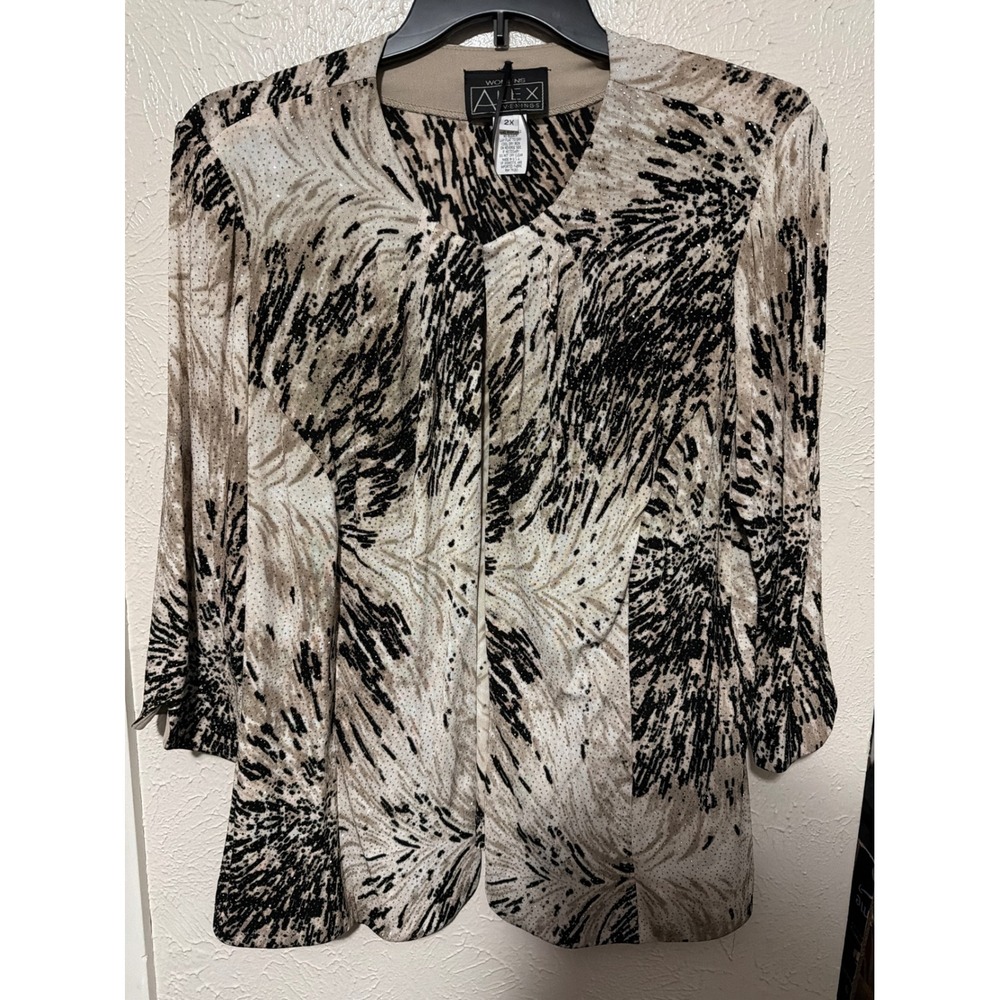 Alex Evenings Womens 2X Abstract Print Glitter Open Front Formal Jacket Tan